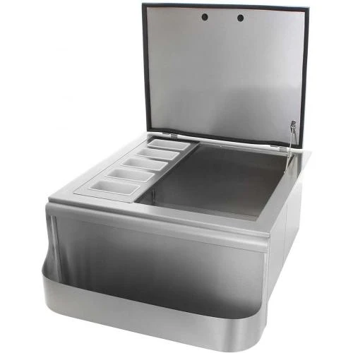PCM 260 Series 18" Slide-In Ice Bin Cooler W/ Speed Rail & Condiment Holder PCM 260 Series 18" Slide-In Ice Bin Cooler W/ Speed Rail & Condiment Holder -Kitchen Grill Shop BBQGrills Brentwood Series 18 Inch Drop In Ice Bin Cooler with Stainless Lid and Condiment Holders BBQ 260 18DI Open 500