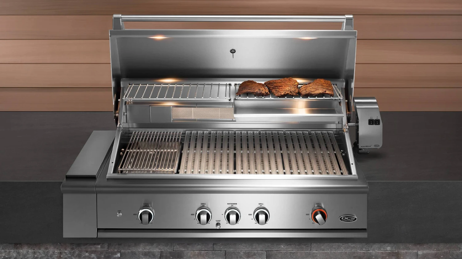 DCS Series 9 Evolution 48-Inch Built-In Gas Grill With Rotisserie DCS Series 9 Evolution 48-Inch Built-In Gas Grill With Rotisserie -Kitchen Grill Shop BE1 48RC N BE1 48RC L ASE6 48 secondary cooking surface pork ribs w
